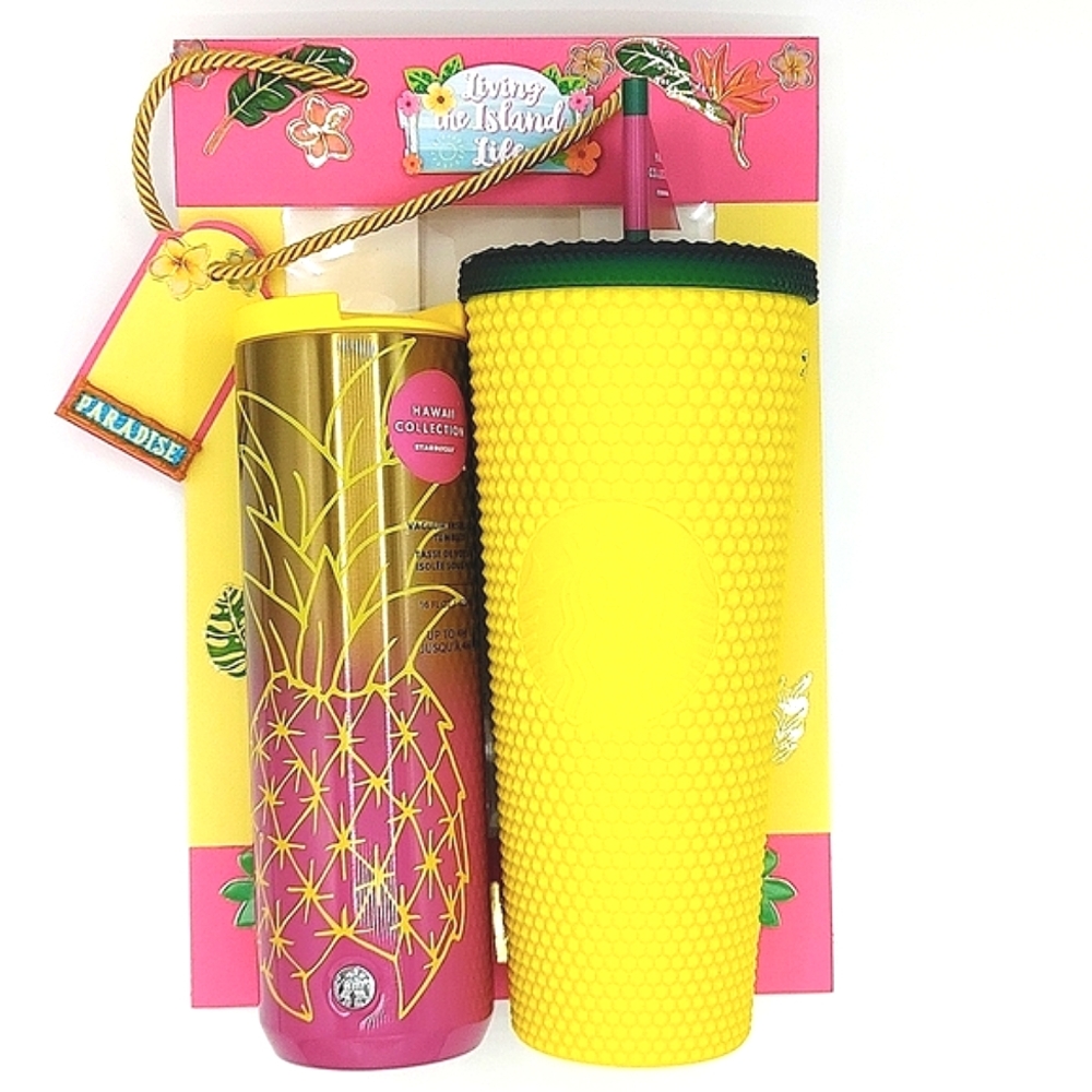NEW 2022 Starbucks Hawaii Duo Tumbler Set and Coordinating Hand-Decorated Bag